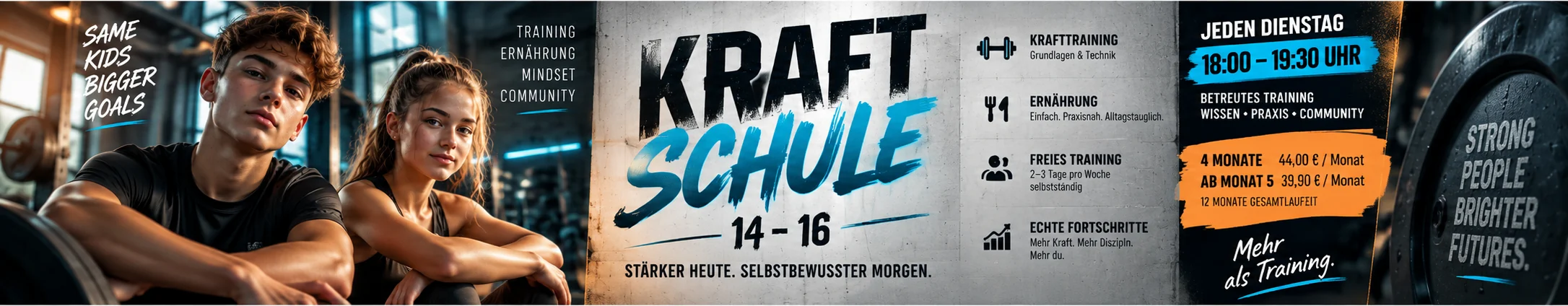 Kraftschule 14–16 im FIT-UP Sportcenter Erftstadt-Lechenich: betreutes Krafttraining für Jugendliche, jeden Dienstag von 18:00 bis 19:30 Uhr. Inhalte: Krafttraining mit Grundlagen und Technik, Ernährung praxisnah und alltagstauglich, freies Training an zwei bis drei Tagen pro Woche, messbare Fortschritte. 4 Monate für 44,00 € im Monat, ab Monat 5 für 39,90 € im Monat bei 12 Monaten Gesamtlaufzeit.